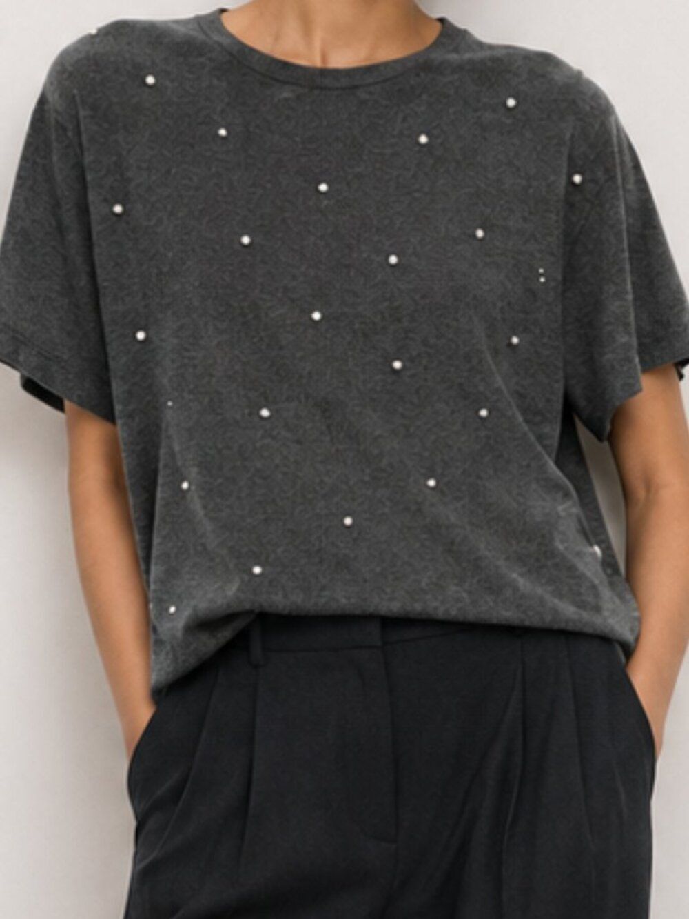 H&M Gray Rhinestone Embellished T-Shirt Size Large 100% Cotton Minimal